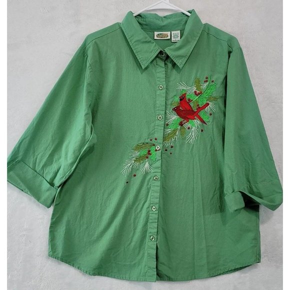 Collections ETC. Women's Embroidered Red Cardinals On Branch Button Down Top LG - Picture 2 of 9